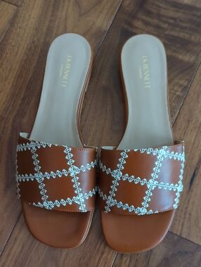 LK Bennett Brown Slide Sandals with White Stitching